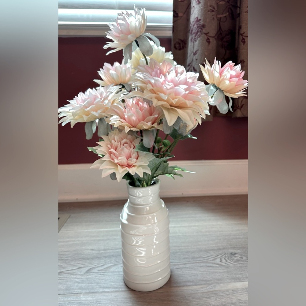 Artificial Pink Dahlias in White Vase